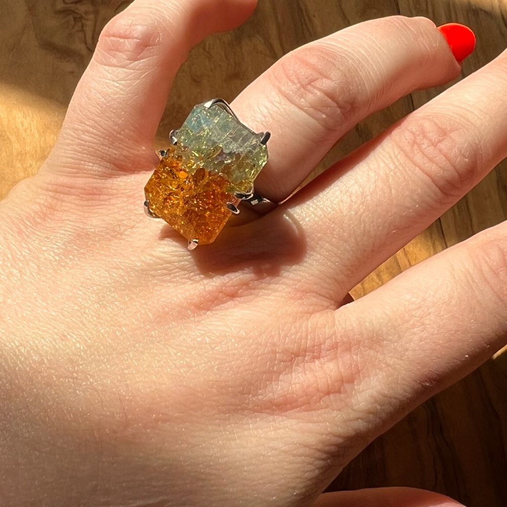 Statement Bicolor Raw Gemstone Ring – Citrine & Aquamarine size 8 set in silver